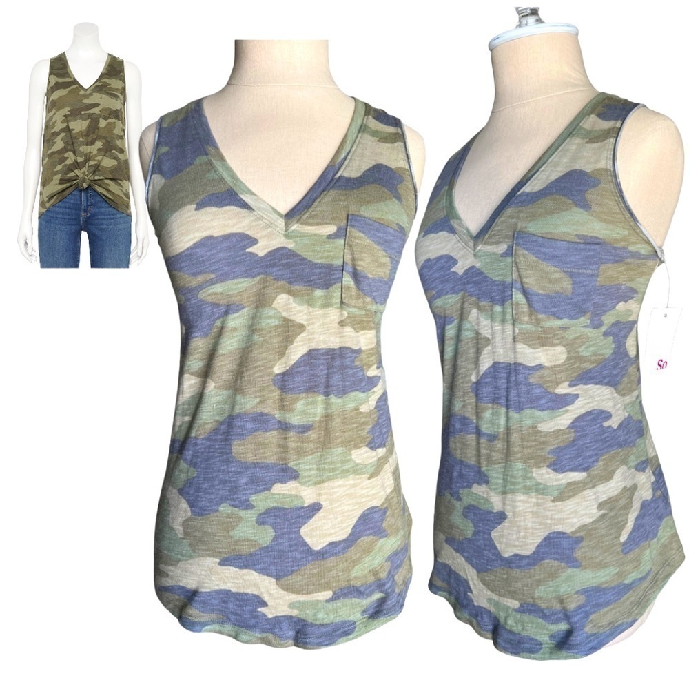 𝅺NWT SO V-Neck Olive Camo Print Pocket Tank Top Size X-Small